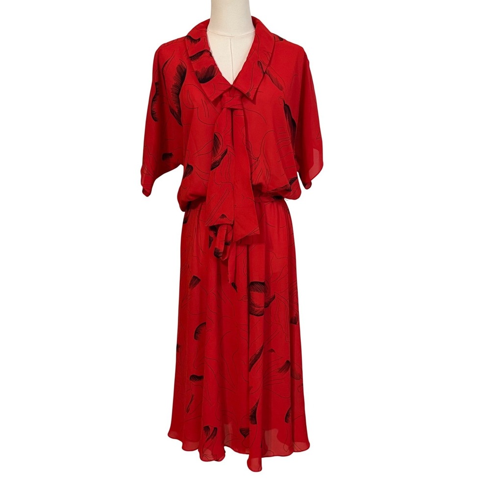 Womens Dress 8 Red Black Abstract Flowy Bow Statement Office Professional Chic - Picture 3 of 11